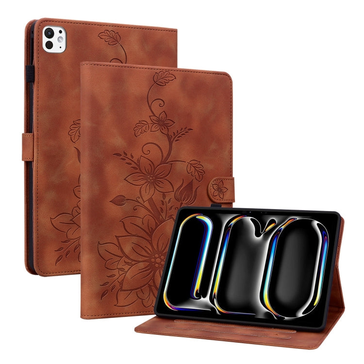 For iPad Pro 11 2024 Lily Embossed Leather Smart Tablet Case(Brown) - iPad Pro 11 2024 Cases by PMC TechLife | Online Shopping South Africa | PMC TechLife | Buy Now Pay Later Mobicred