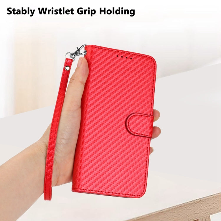 For iPhone 16e YX0070 Carbon Fiber Buckle Leather Phone Case with Lanyard(Red) - iPhone 16e Cases by PMC TechLife | Online Shopping South Africa | PMC TechLife | Buy Now Pay Later Mobicred