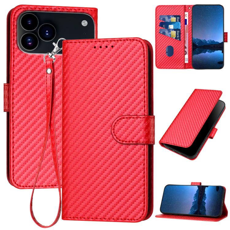 For iPhone 17 Pro Max YX0070 Carbon Fiber Buckle Leather Phone Case with Lanyard(Red) - free shipping - PMc TechLife - Order now!