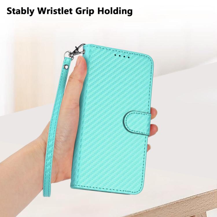 For iPhone 17 Pro YX0070 Carbon Fiber Buckle Leather Phone Case with Lanyard(Light Blue) - free shipping - PMc TechLife - Order now!