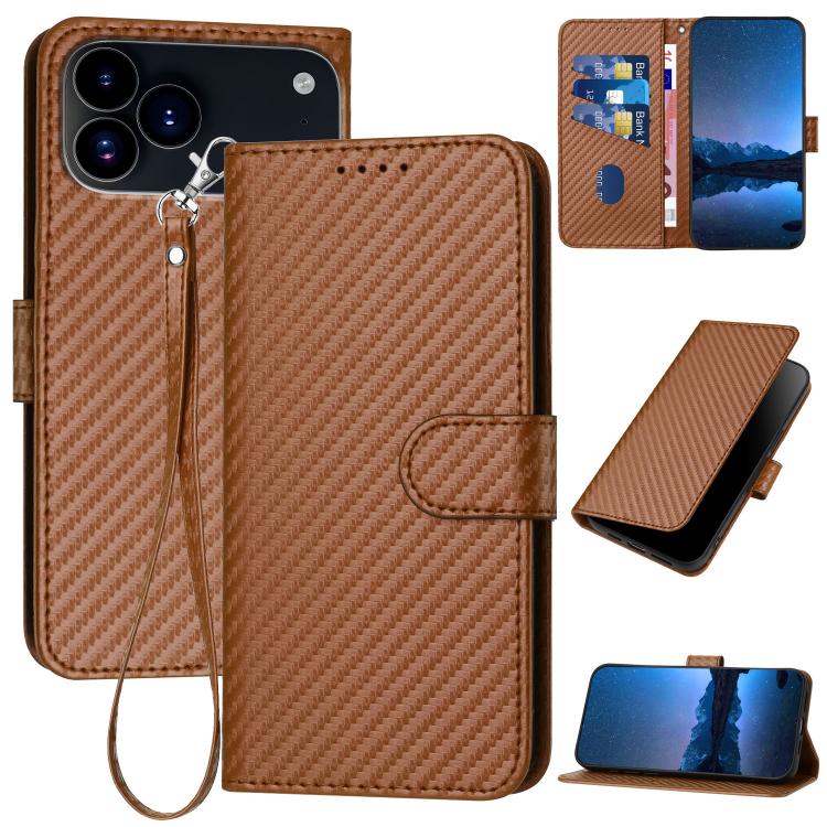 For iPhone 17 Pro YX0070 Carbon Fiber Buckle Leather Phone Case with Lanyard(Coffee) - free shipping - PMc TechLife - Order now!