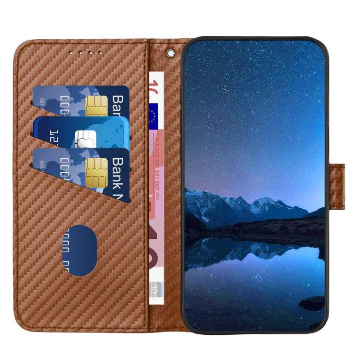 For iPhone 17 Pro YX0070 Carbon Fiber Buckle Leather Phone Case with Lanyard(Coffee) - free shipping - PMc TechLife - Order now!