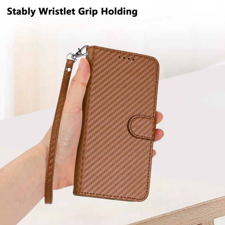 For iPhone 17 Pro YX0070 Carbon Fiber Buckle Leather Phone Case with Lanyard(Coffee) - free shipping - PMc TechLife - Order now!