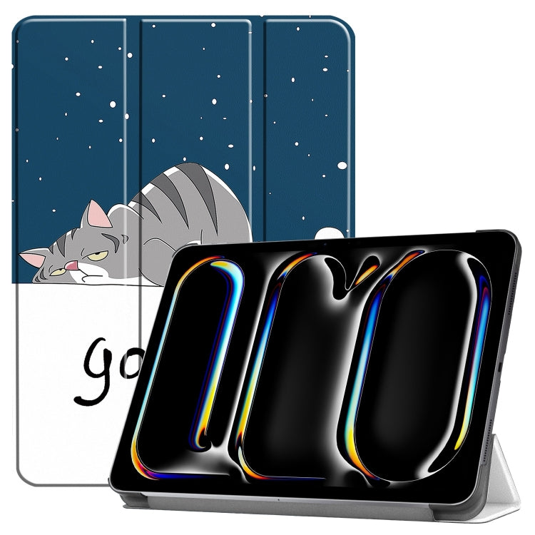 For iPad Pro 11 2024 Custer Painted 3-Fold Holder Smart Leather Tablet Case(Lazy Cat) - iPad Pro 11 2024 Cases by PMC TechLife | Online Shopping South Africa | PMC TechLife | Buy Now Pay Later Mobicred