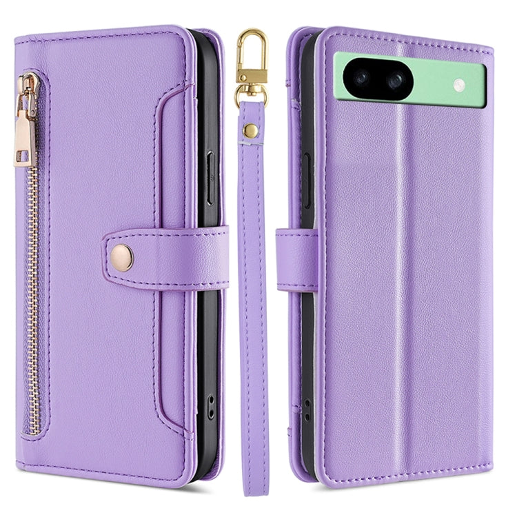 For Google Pixel 8a Sheep Texture Cross-body Zipper Wallet Leather Phone Case(Purple) - Google Cases by PMC TechLife | Online Shopping South Africa | PMC TechLife | Buy Now Pay Later Mobicred