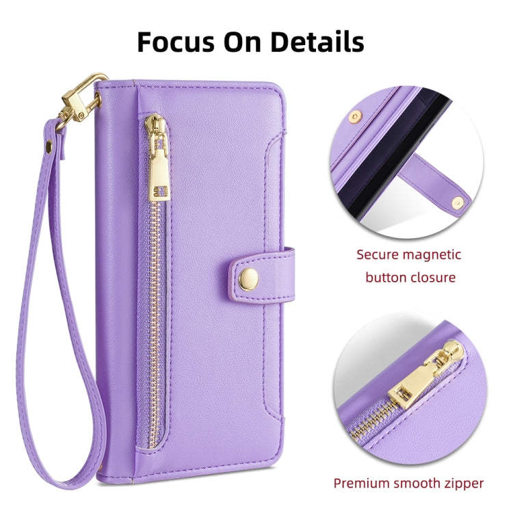 For Google Pixel 8a Sheep Texture Cross-body Zipper Wallet Leather Phone Case(Purple) - Google Cases by PMC TechLife | Online Shopping South Africa | PMC TechLife | Buy Now Pay Later Mobicred