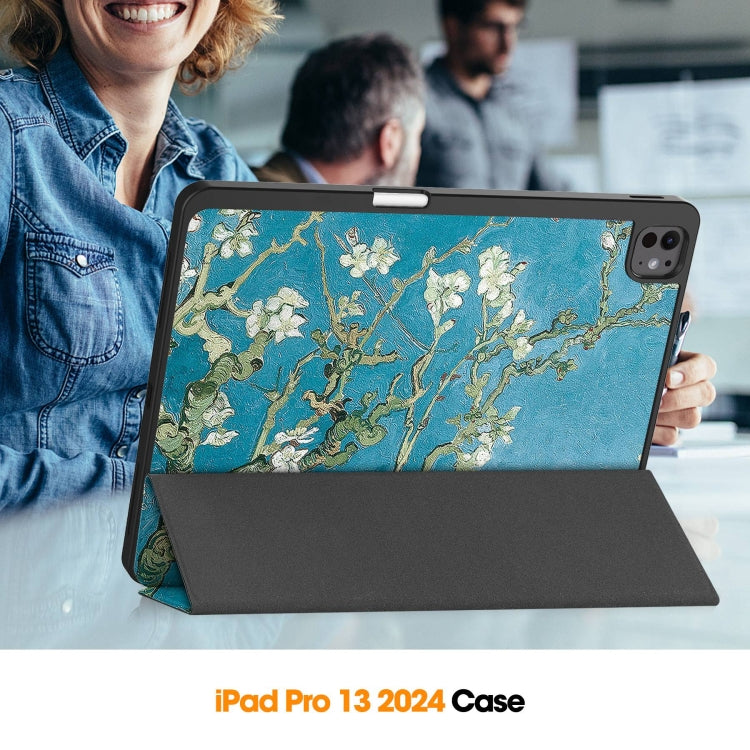 For iPad Pro 13 2024 Custer Painted 3-Fold Holder Smart Leather Tablet Case with Pen Tray(Apricot Flower) - iPad Pro 13 2024 Cases by PMC TechLife | Online Shopping South Africa | PMC TechLife | Buy Now Pay Later Mobicred