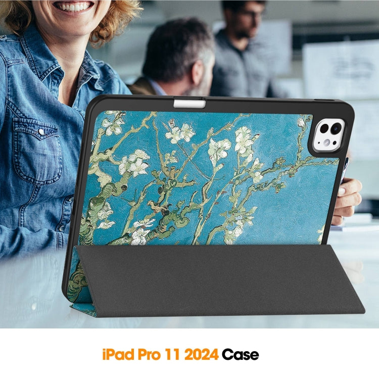 For iPad Pro 11 2024 Custer Painted 3-Fold Holder Smart Leather Tablet Case with Pen Tray(Apricot Flower) - iPad Pro 11 2024 Cases by PMC TechLife | Online Shopping South Africa | PMC TechLife | Buy Now Pay Later Mobicred