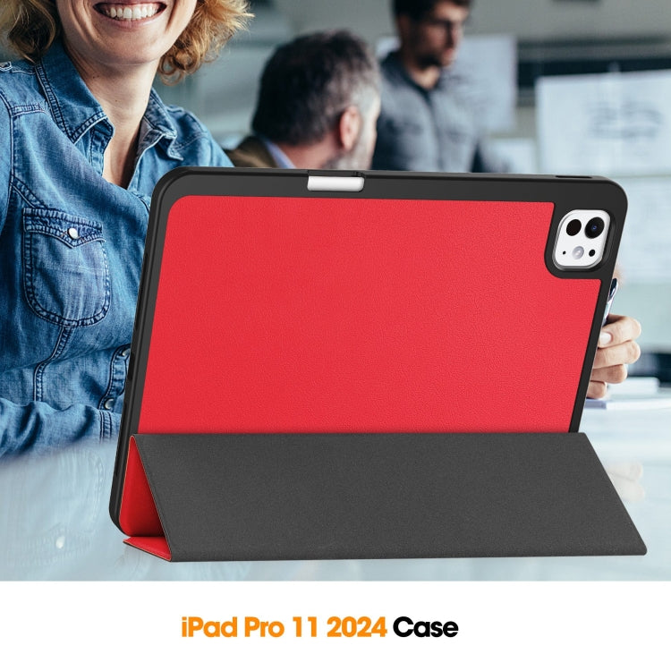 For iPad Pro 11 2024 Custer TPU Pure Color 3-Fold Holder Smart Leather Tablet Case with Pen Tray(Red) - iPad Pro 11 2024 Cases by PMC TechLife | Online Shopping South Africa | PMC TechLife | Buy Now Pay Later Mobicred