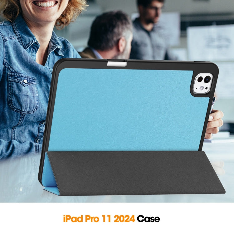 For iPad Pro 11 2024 Custer TPU Pure Color 3-Fold Holder Smart Leather Tablet Case with Pen Tray(Sky Blue) - iPad Pro 11 2024 Cases by PMC TechLife | Online Shopping South Africa | PMC TechLife | Buy Now Pay Later Mobicred