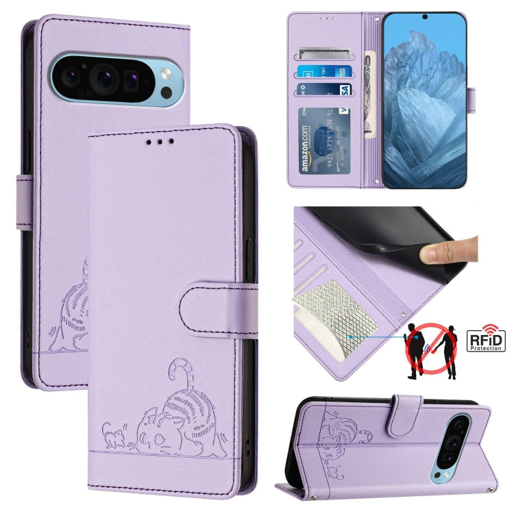 For Google Pixel 9 / 9 Pro Cat Rat Embossed Pattern RFID Leather Phone Case with Lanyard(Purple) - Google Cases by PMC TechLife | Online Shopping South Africa | PMC TechLife | Buy Now Pay Later Mobicred