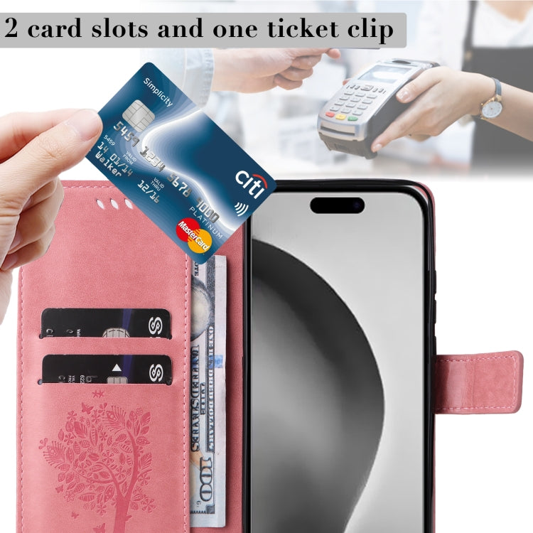 For iPhone 16 Pro Max Tree & Cat Embossed Pattern Flip Leather Phone Case(Pink) - iPhone 16 Pro Max Cases by PMC TechLife | Online Shopping South Africa | PMC TechLife | Buy Now Pay Later Mobicred