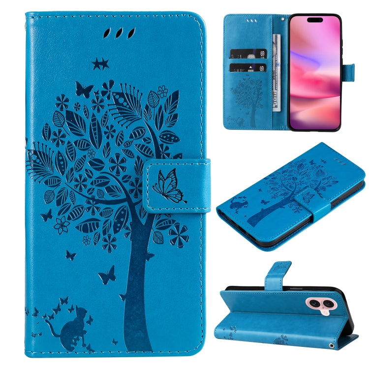 For iPhone 16 Tree & Cat Embossed Pattern Flip Leather Phone Case(Blue) - iPhone 16 Cases by PMC TechLife | Online Shopping South Africa | PMC TechLife | Buy Now Pay Later Mobicred
