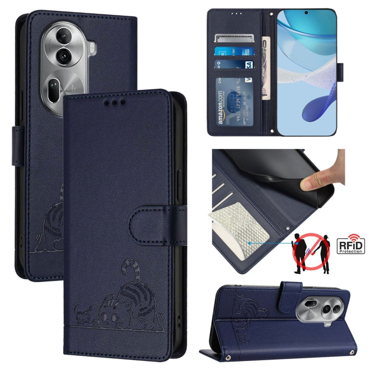 For OPPO Reno11 Pro 5G Global Cat Rat Embossed Pattern RFID Leather Phone Case with Lanyard(Blue) - OPPO Cases by PMC TechLife | Online Shopping South Africa | PMC TechLife | Buy Now Pay Later Mobicred