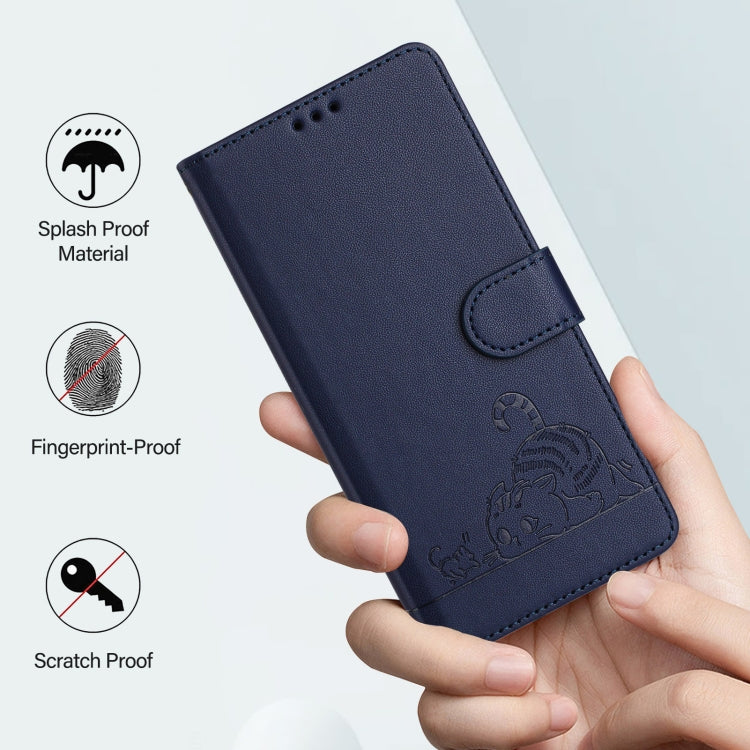 For OPPO Reno11 Pro 5G Global Cat Rat Embossed Pattern RFID Leather Phone Case with Lanyard(Blue) - OPPO Cases by PMC TechLife | Online Shopping South Africa | PMC TechLife | Buy Now Pay Later Mobicred