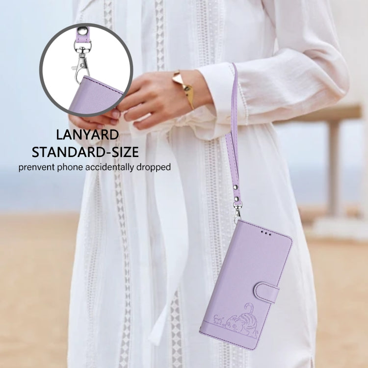 For Huawei Pura 70 Cat Rat Embossed Pattern RFID Leather Phone Case with Lanyard(Purple) - Huawei Cases by PMC Jewellery | Online Shopping South Africa | PMC Jewellery | Buy Now Pay Later Mobicred