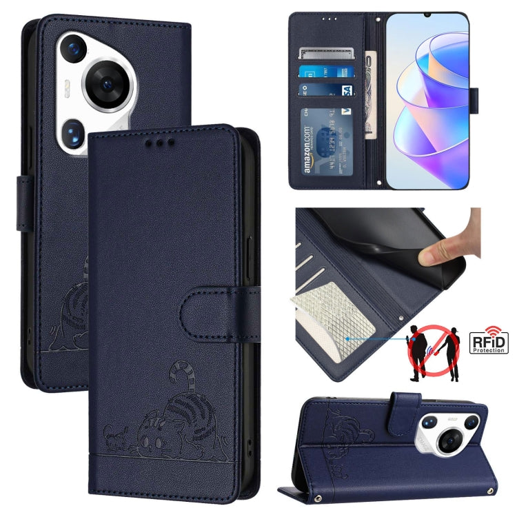 For Huawei Pura 70 Pro Cat Rat Embossed Pattern RFID Leather Phone Case with Lanyard(Blue) - Huawei Cases by PMC Jewellery | Online Shopping South Africa | PMC Jewellery | Buy Now Pay Later Mobicred