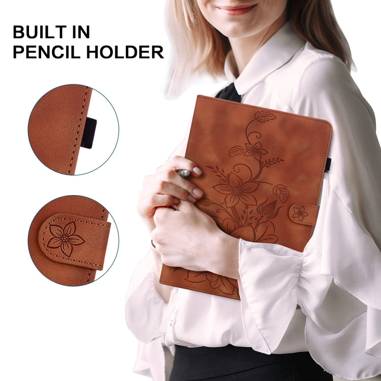 For Lenovo Tab M10 X605 /M10 HD X505 Lily Embossed Leather Tablet Case(Brown) - Lenovo by PMC TechLife | Online Shopping South Africa | PMC TechLife | Buy Now Pay Later Mobicred