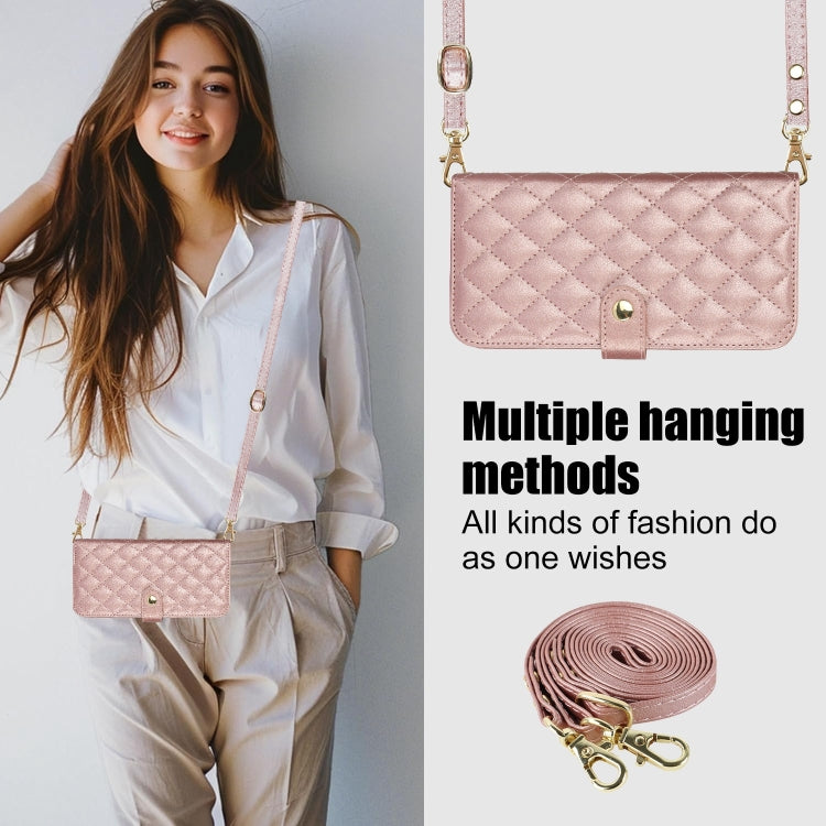 For iPhone 16 Plus Crossbody Multifunction Rhombic Leather Phone Case(Rose Gold) - free shipping - PMC Jewellery - Order now!