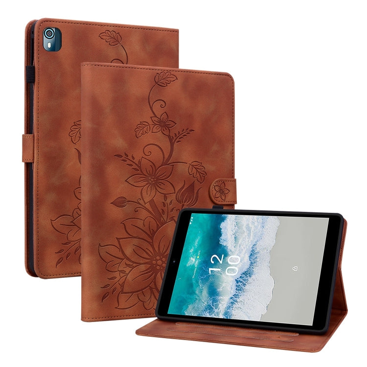 For Nokia T21 Lily Embossed Leather Tablet Case(Brown) - Nokia by PMC TechLife | Online Shopping South Africa | PMC TechLife | Buy Now Pay Later Mobicred