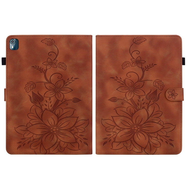 For Nokia T21 Lily Embossed Leather Tablet Case(Brown) - Nokia by PMC TechLife | Online Shopping South Africa | PMC TechLife | Buy Now Pay Later Mobicred