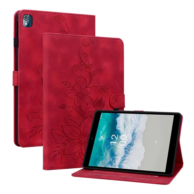 For Nokia T21 Lily Embossed Leather Tablet Case(Red) - Nokia by PMC TechLife | Online Shopping South Africa | PMC TechLife | Buy Now Pay Later Mobicred