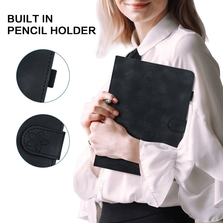 For Nokia T21 Lily Embossed Leather Tablet Case(Black) - Nokia by PMC TechLife | Online Shopping South Africa | PMC TechLife | Buy Now Pay Later Mobicred