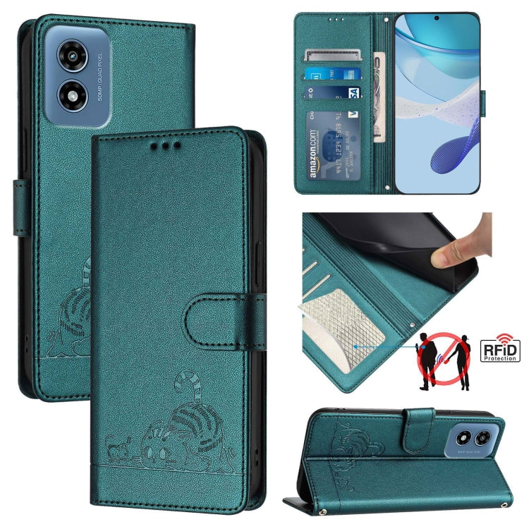 For Motorola Moto G Play 4G 2024 Global Cat Rat Embossed Pattern RFID Leather Phone Case with Lanyard(Peacock Green) - Motorola Cases by PMC Jewellery | Online Shopping South Africa | PMC Jewellery | Buy Now Pay Later Mobicred