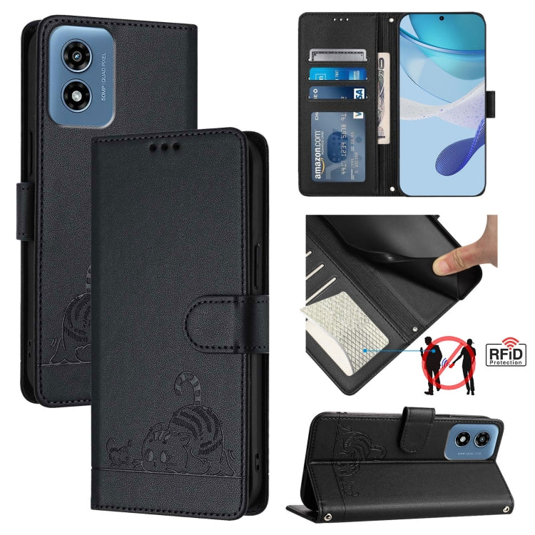 For Motorola Moto G Play 5G 2024 Global Cat Rat Embossed Pattern RFID Leather Phone Case with Lanyard(Black) - Motorola Cases by PMC Jewellery | Online Shopping South Africa | PMC Jewellery | Buy Now Pay Later Mobicred