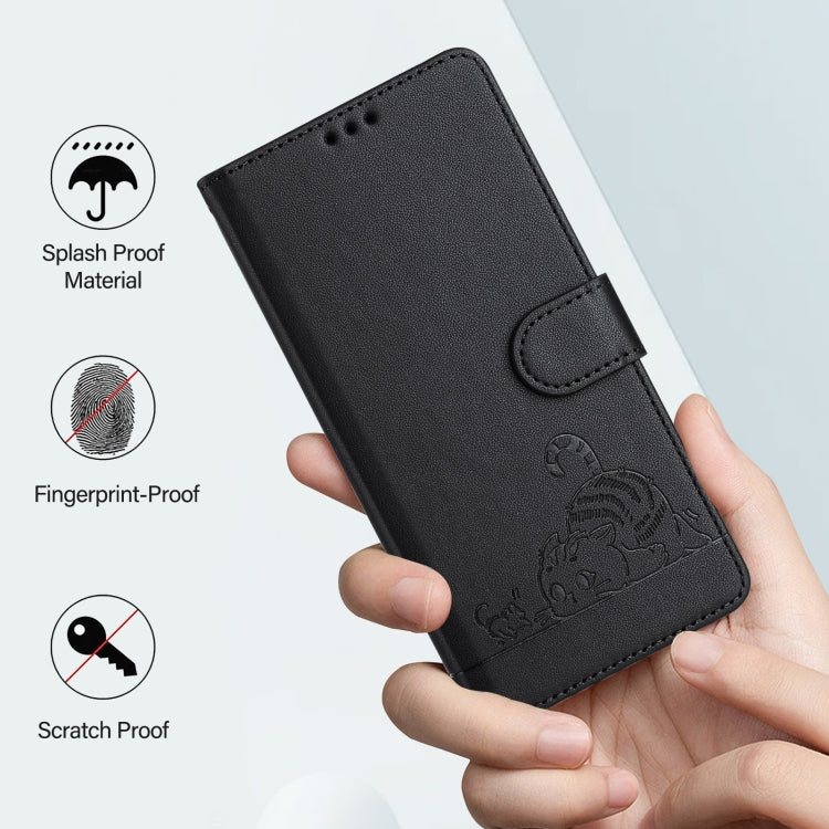 For Motorola Moto G Play 5G 2024 Global Cat Rat Embossed Pattern RFID Leather Phone Case with Lanyard(Black) - Motorola Cases by PMC Jewellery | Online Shopping South Africa | PMC Jewellery | Buy Now Pay Later Mobicred
