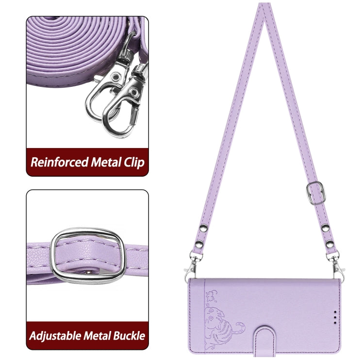 For Motorola Moto G Power 5G 2024 Cat Rat Embossed Pattern RFID Leather Phone Case with Lanyard(Purple) - Motorola Cases by PMC Jewellery | Online Shopping South Africa | PMC Jewellery | Buy Now Pay Later Mobicred