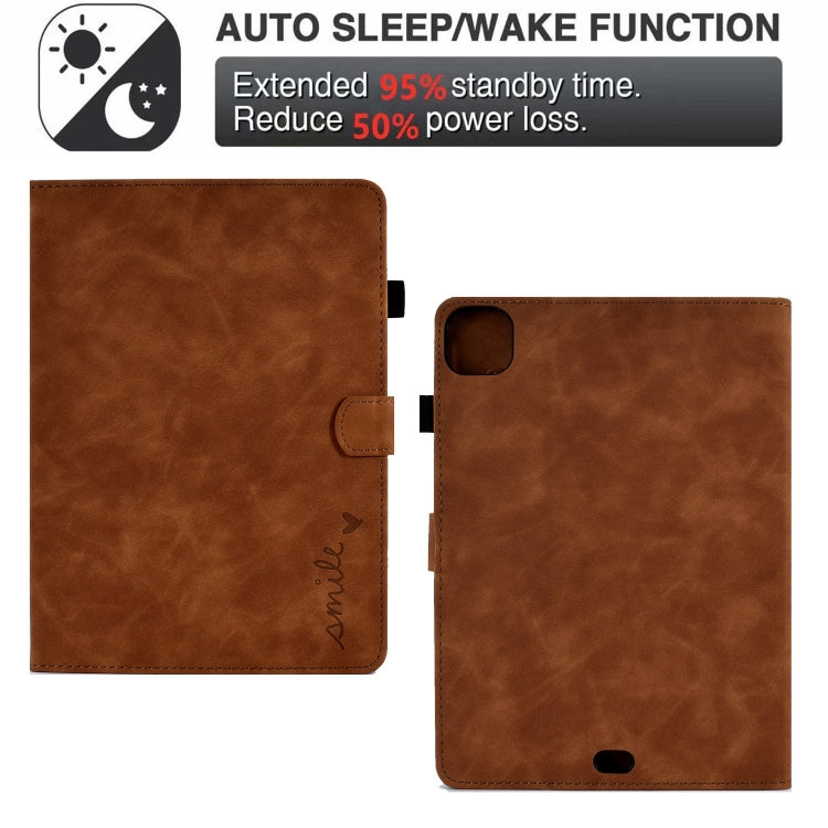 For iPad Pro 11 2024 Embossed Smile Smart Leather Tablet Case(Brown) - iPad Pro 11 2024 Cases by PMC TechLife | Online Shopping South Africa | PMC TechLife | Buy Now Pay Later Mobicred