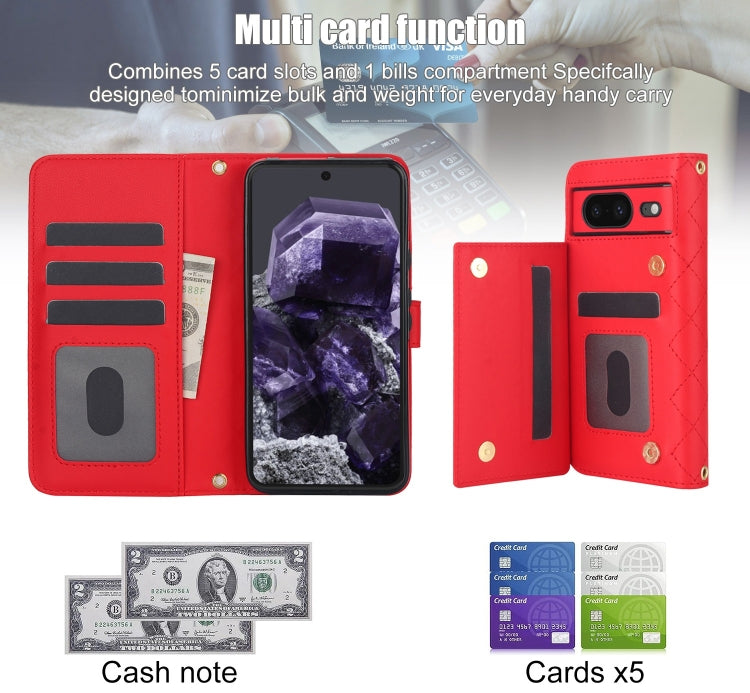 For Google Pixel 8 Crossbody Multifunction Rhombic Leather Phone Case(Red) - Google Cases by PMC TechLife | Online Shopping South Africa | PMC TechLife | Buy Now Pay Later Mobicred