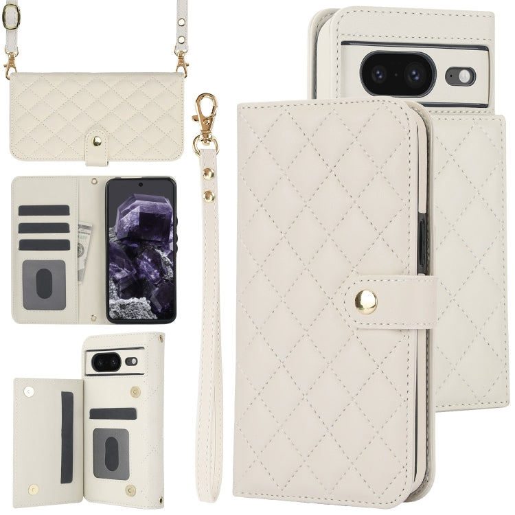 For Google Pixel 8a Crossbody Multifunction Rhombic Leather Phone Case(White) - free shipping - PMC TechLife - Order now!