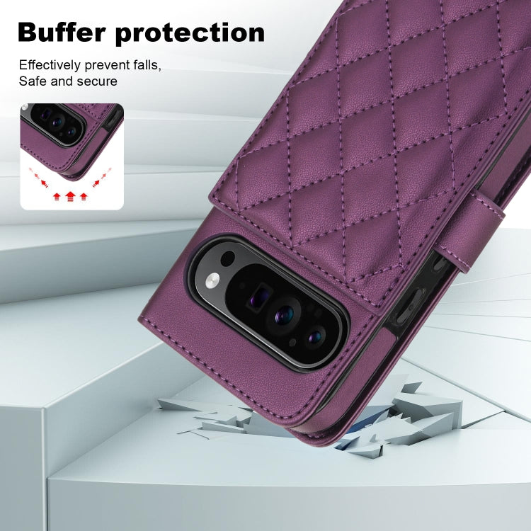 For Google Pixel 9 Crossbody Multifunction Rhombic Leather Phone Case(Dark Purple) - Google Cases by PMC TechLife | Online Shopping South Africa | PMC TechLife | Buy Now Pay Later Mobicred