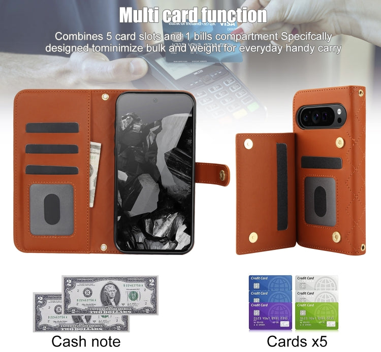 For Google Pixel 9 Crossbody Multifunction Rhombic Leather Phone Case(Brown) - Google Cases by PMC TechLife | Online Shopping South Africa | PMC TechLife | Buy Now Pay Later Mobicred