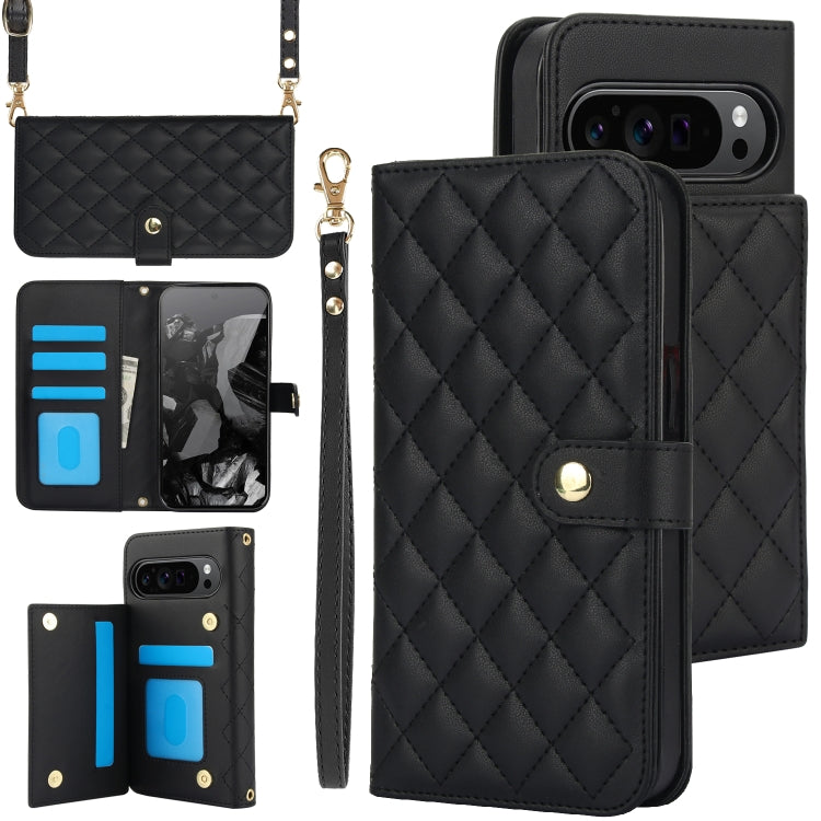 For Google Pixel 9 Pro XL Crossbody Multifunction Rhombic Leather Phone Case(Black) - Google Cases by PMC TechLife | Online Shopping South Africa | PMC TechLife | Buy Now Pay Later Mobicred