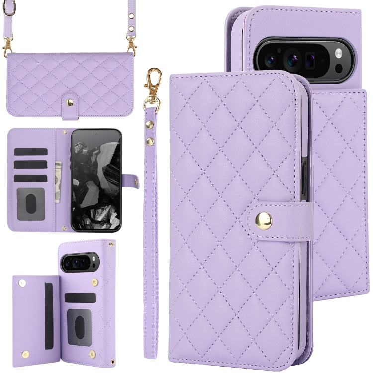 For Google Pixel 9 Pro XL Crossbody Multifunction Rhombic Leather Phone Case(Purple) - Google Cases by PMC TechLife | Online Shopping South Africa | PMC TechLife | Buy Now Pay Later Mobicred