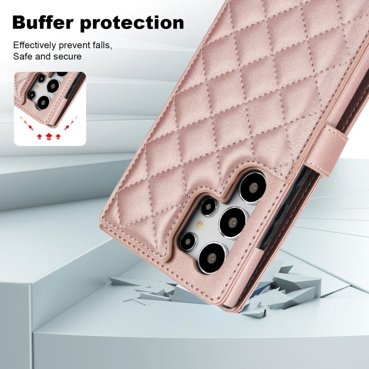 For Samsung Galaxy S24 Ultra 5G Crossbody Multifunction Rhombic Leather Phone Case(Rose Gold) - Galaxy S24 Ultra 5G Cases by PMC Jewellery | Online Shopping South Africa | PMC Jewellery | Buy Now Pay Later Mobicred
