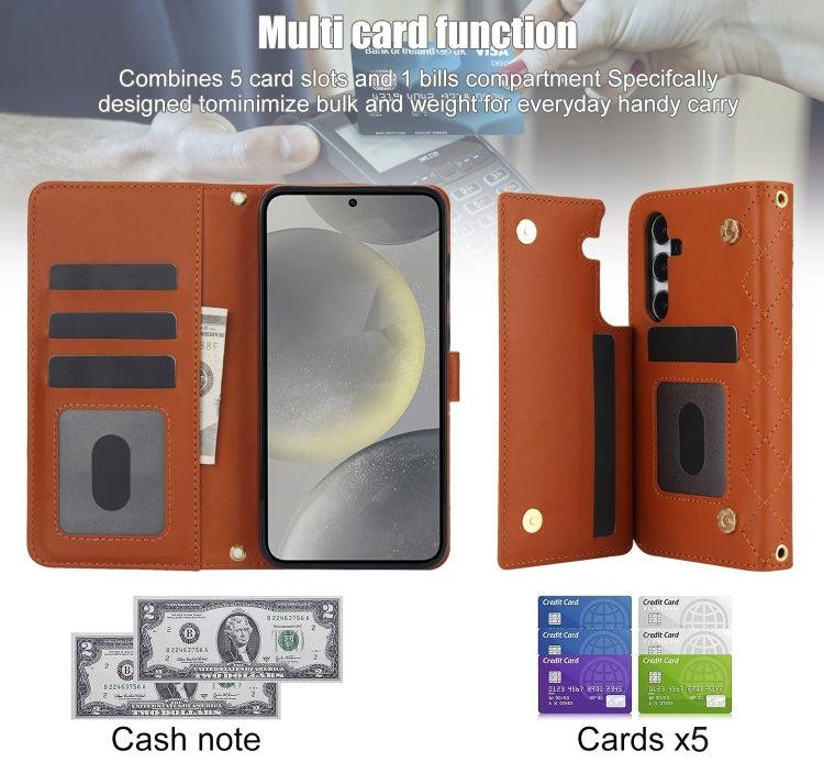 For Samsung Galaxy S24+ 5G Crossbody Multifunction Rhombic Leather Phone Case(Brown) - Galaxy S24+ 5G Cases by PMC Jewellery | Online Shopping South Africa | PMC Jewellery | Buy Now Pay Later Mobicred