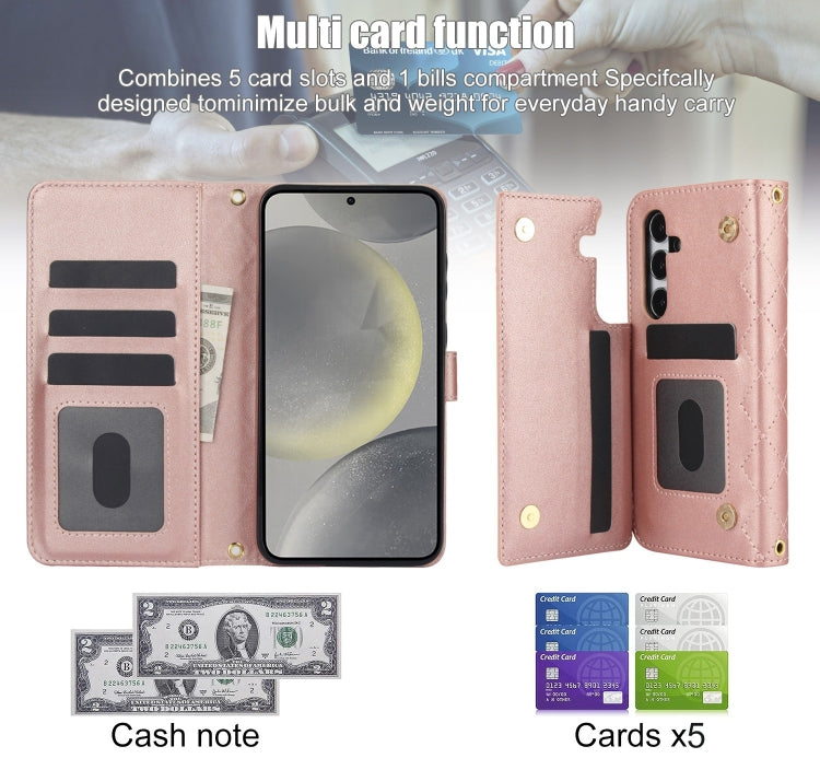 For Samsung Galaxy S24 5G Crossbody Multifunction Rhombic Leather Phone Case(Rose Gold) - Galaxy S24 5G Cases by PMC Jewellery | Online Shopping South Africa | PMC Jewellery | Buy Now Pay Later Mobicred