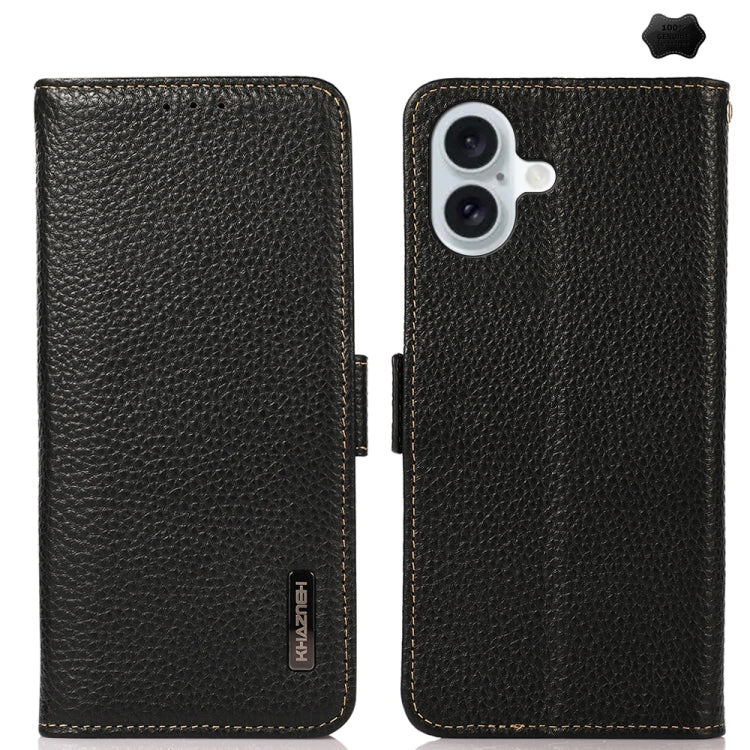 For iPhone 16 Plus KHAZNEH Side-Magnetic Litchi Genuine Leather RFID Case(Black) - iPhone 16 Plus Cases by PMC TechLife | Online Shopping South Africa | PMC TechLife | Buy Now Pay Later Mobicred