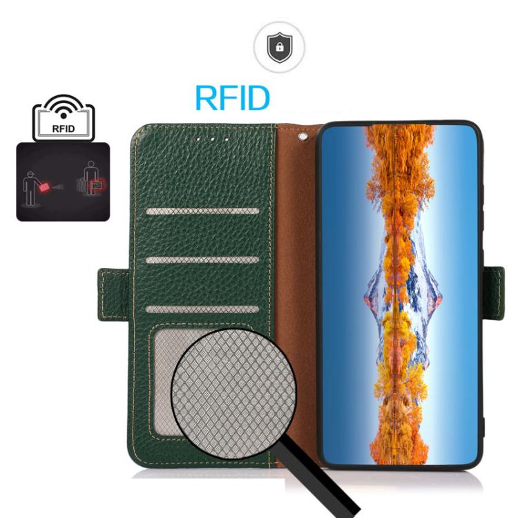 For iPhone 17 KHAZNEH Side-Magnetic Litchi Genuine Leather RFID Case(Green) - free shipping - PMc TechLife - Order now!