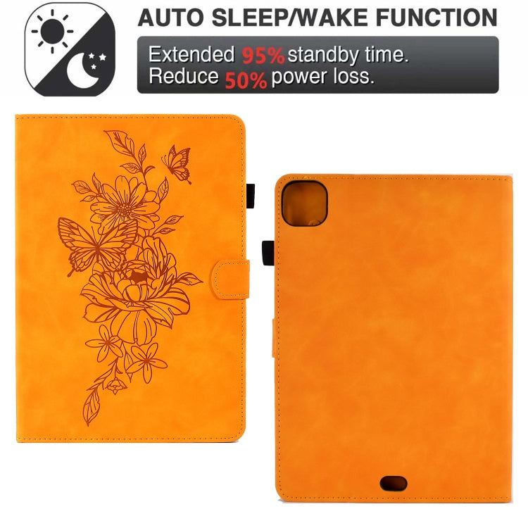 For iPad Pro 11 2024 Peony Butterfly Embossed Leather Smart Tablet Case(Khaki) - iPad Pro 11 2024 Cases by PMC TechLife | Online Shopping South Africa | PMC TechLife | Buy Now Pay Later Mobicred
