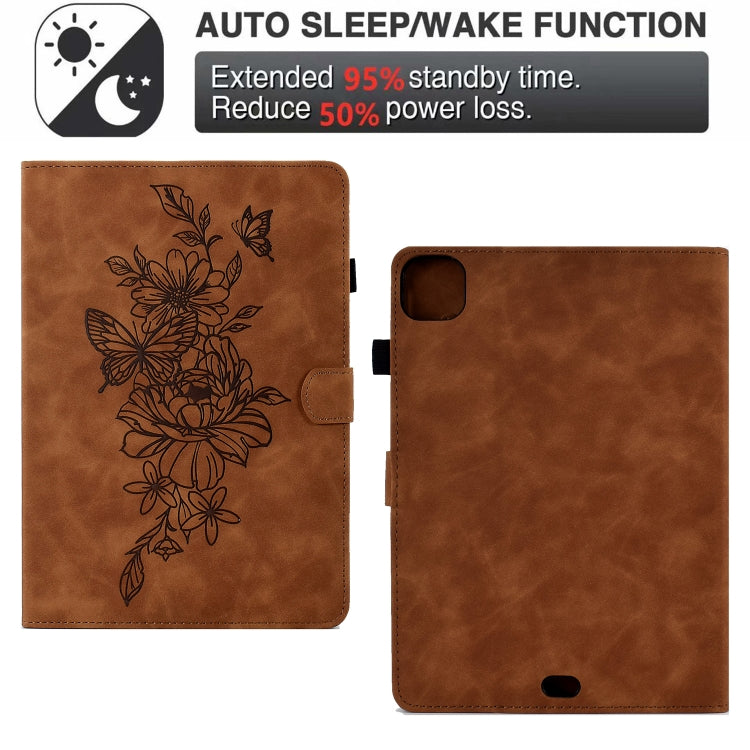 For iPad Pro 11 2024 Peony Butterfly Embossed Leather Smart Tablet Case(Brown) - iPad Pro 11 2024 Cases by PMC TechLife | Online Shopping South Africa | PMC TechLife | Buy Now Pay Later Mobicred