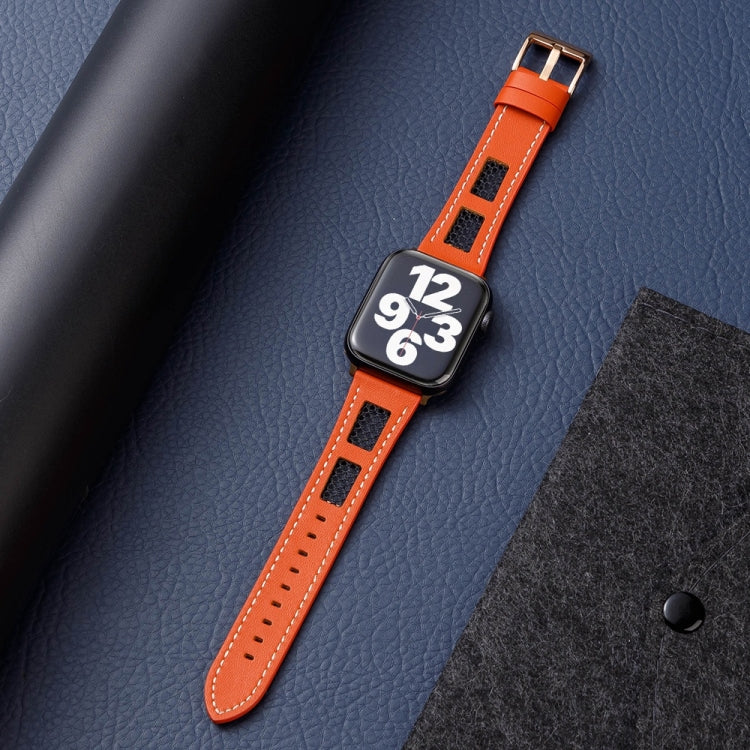 For Apple Watch SE 2023 44mm Mesh Calfskin Genuine Leather Watch Band(Orange) - Watch Bands by PMc TechLife | Online Shopping South Africa | PMc TechLife | Buy Now Pay Later Mobicred