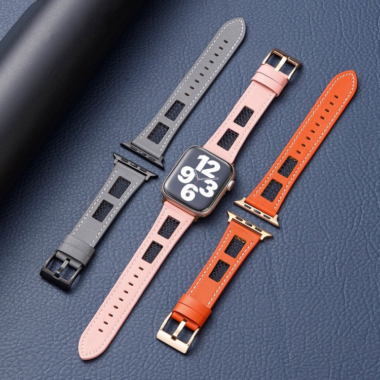 For Apple Watch SE 2023 44mm Mesh Calfskin Genuine Leather Watch Band(Orange) - Watch Bands by PMc TechLife | Online Shopping South Africa | PMc TechLife | Buy Now Pay Later Mobicred