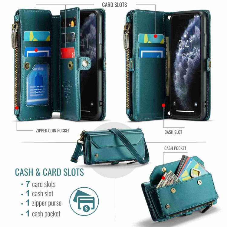 For iPhone 11 Pro Max CaseMe C36 Card Slots Zipper Wallet RFID Anti-theft Leather Phone Case(Blue-green) - free shipping - PMC Jewellery - Order now!