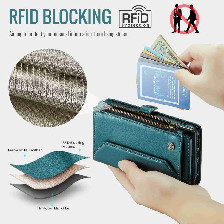 For iPhone 11 Pro Max CaseMe C36 Card Slots Zipper Wallet RFID Anti-theft Leather Phone Case(Blue-green) - free shipping - PMC Jewellery - Order now!