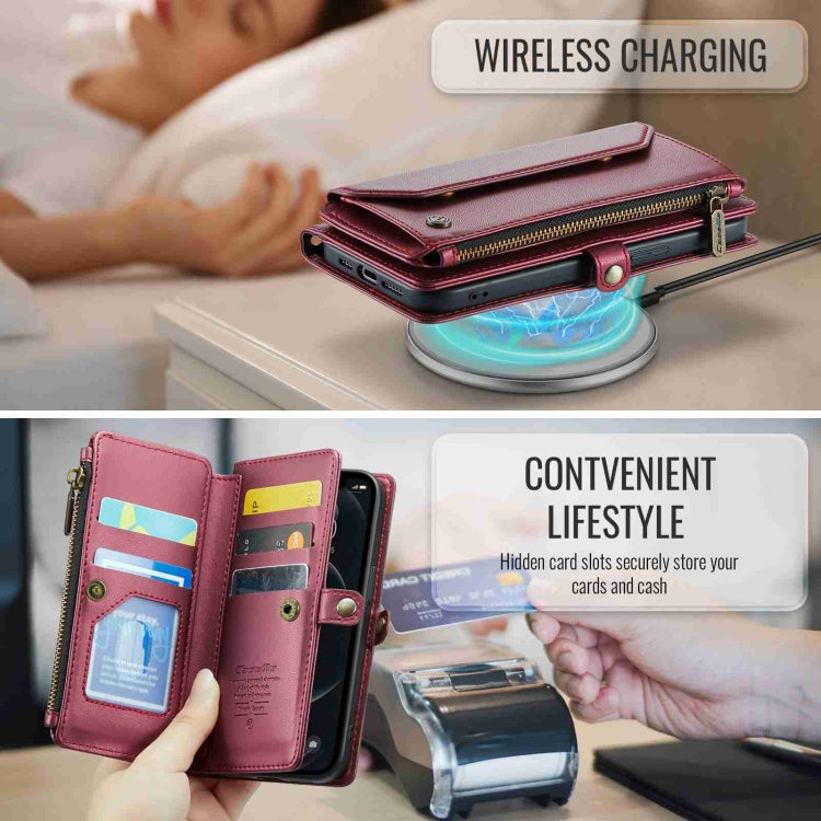 For iPhone 12 Pro CaseMe C36 Card Slots Zipper Wallet RFID Anti-theft Leather Phone Case(Wine Red) - free shipping - PMC Jewellery - Order now!